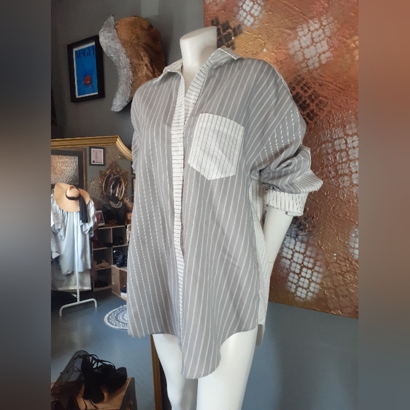 Zara Gray Oversized Striped Button-Up Shirt - Picture 12 of 13